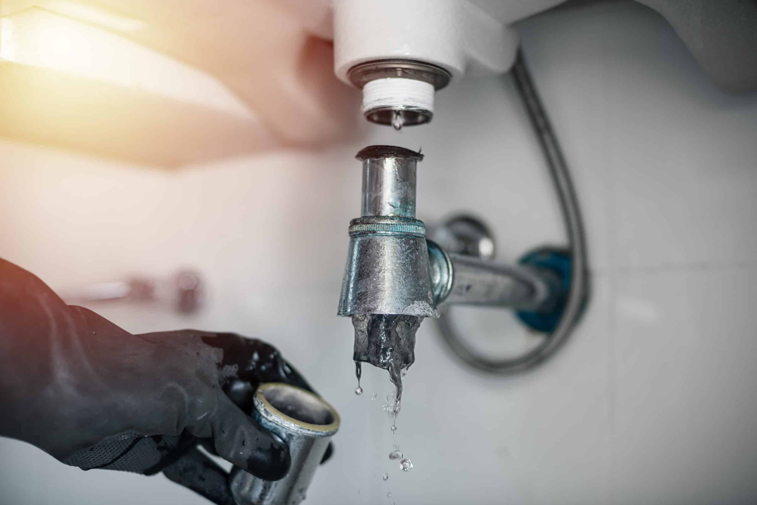Plombier en gant noir réparant un évier. De l'eau sale goutte du siphon démonté. Une main gantée tient une pièce du drain sous la fuite.