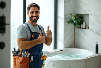 Plombier souriant en salopette, ceinture à outils, pouces levés, devant une baignoire balnéo dans salle de bain moderne et lumineuse.