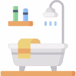 Illustration d'une salle de bain moderne avec une baignoire blanche, une serviette jaune, une douche fonctionnelle et des produits sur une étagère.